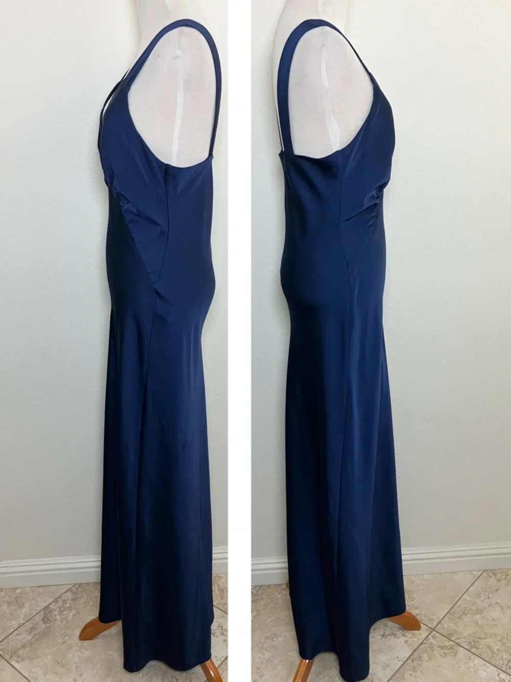 Satin Navy Blue V-Neck Maxi Dress with Wide Straps - Picture 4 of 11